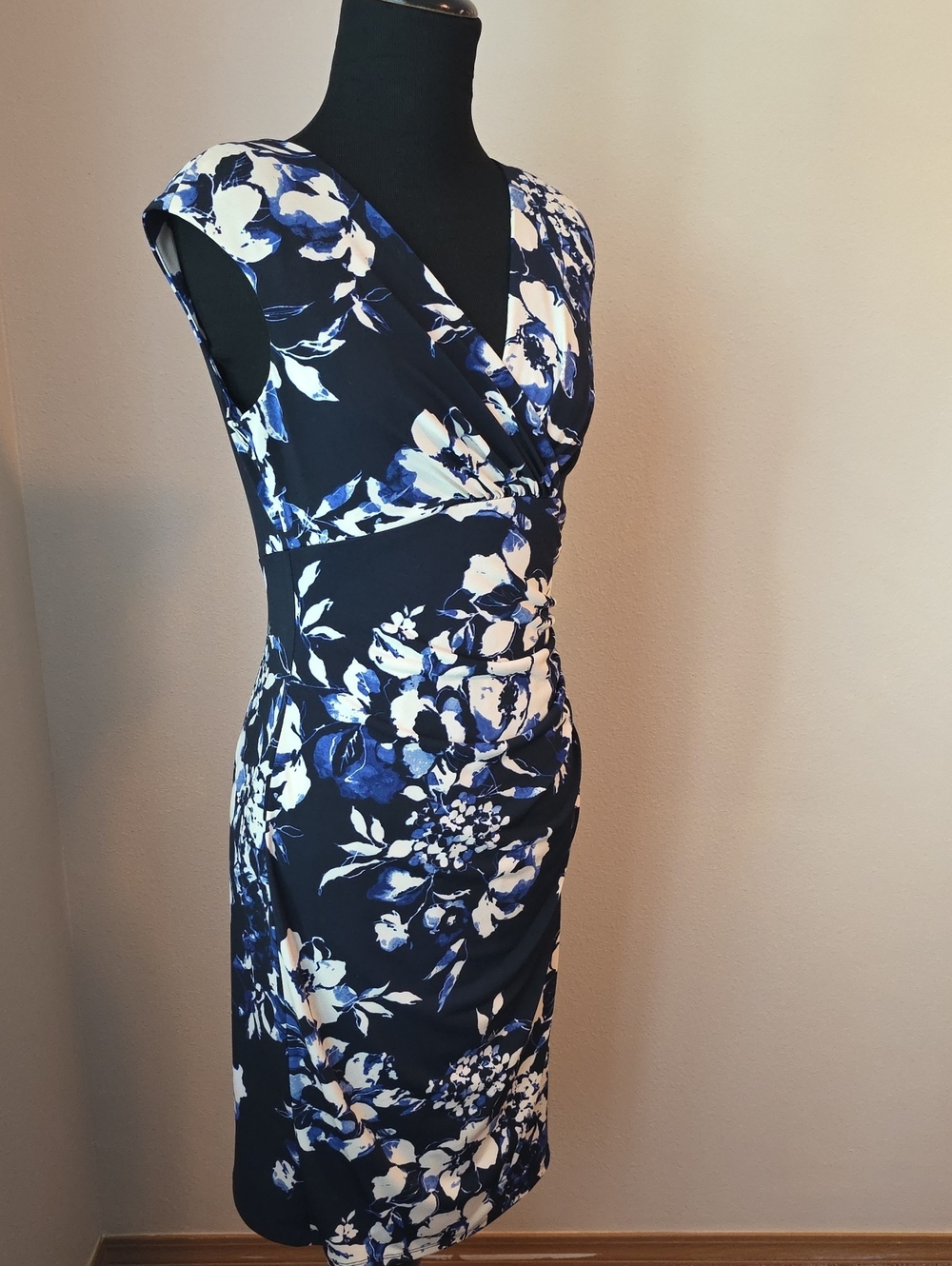 Lauren Ralph Lauren Navy and White Floral Wrap-Front Sheath Dress
